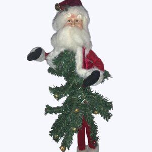 Vintage Santa Claus Figurine With Faux Tree & Bell Hat 12" Tall Holiday Decor